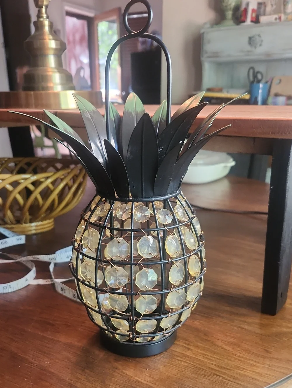 Set of 2 Metal Pineapple Candle Lanterns Amber Crystal Beads Bronze